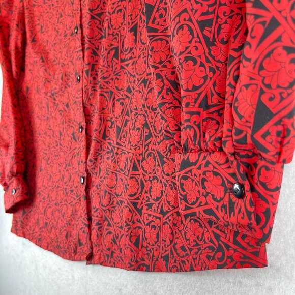Vintage JUDY BOND Womens 12 Red Black Floral Scroll Button Up Long Sleeve Blouse - Picture 4 of 10